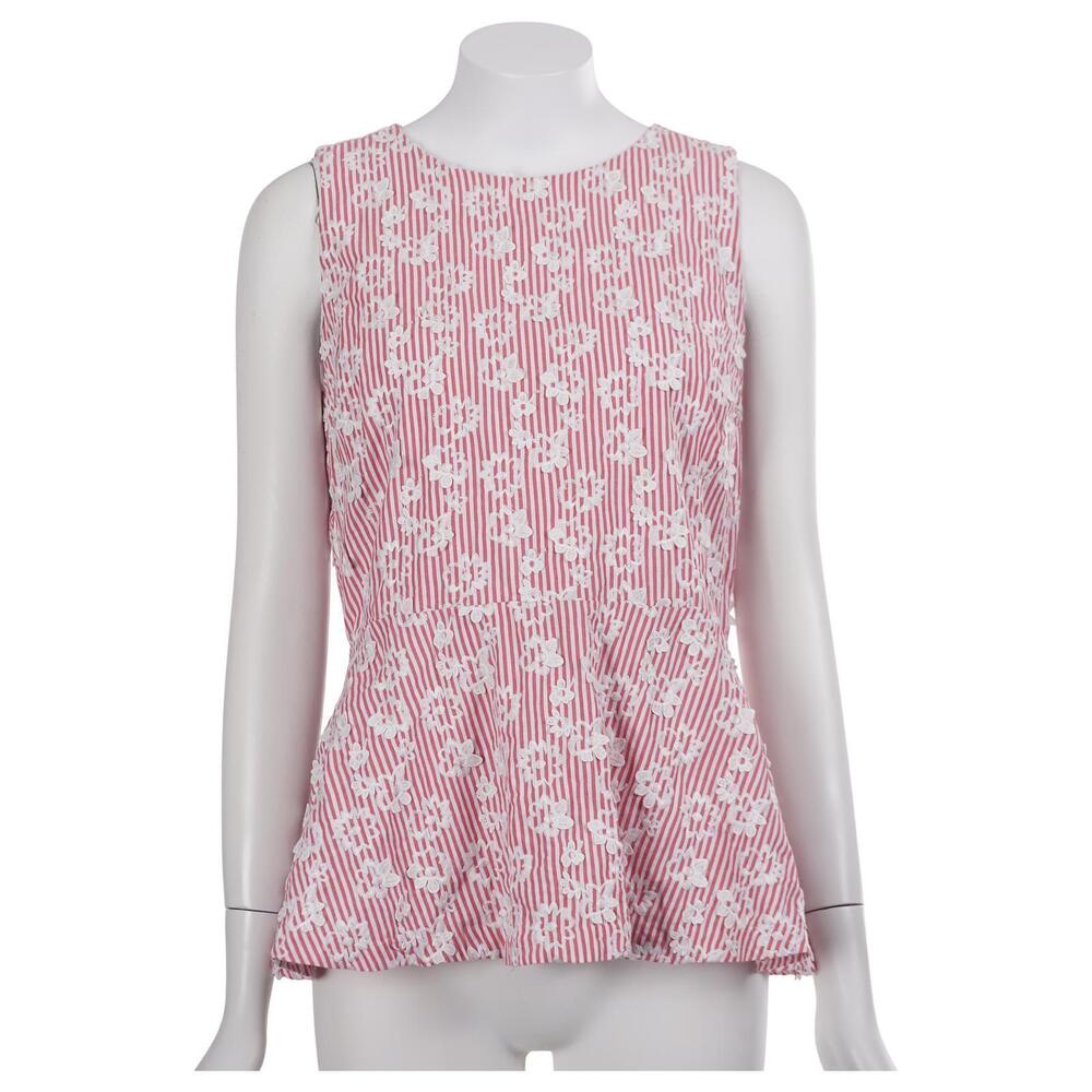 Michael Kors Top M Red Striped Embroidered Floral Sleeveless Peplum Cotton